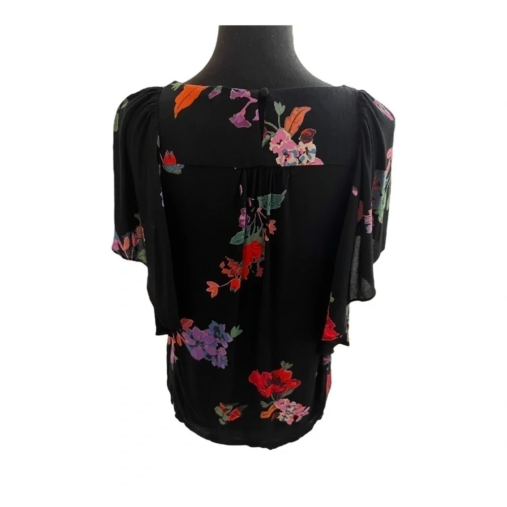Anthropologie Maeve Black Floral Flutter Sleeve Blouse Small